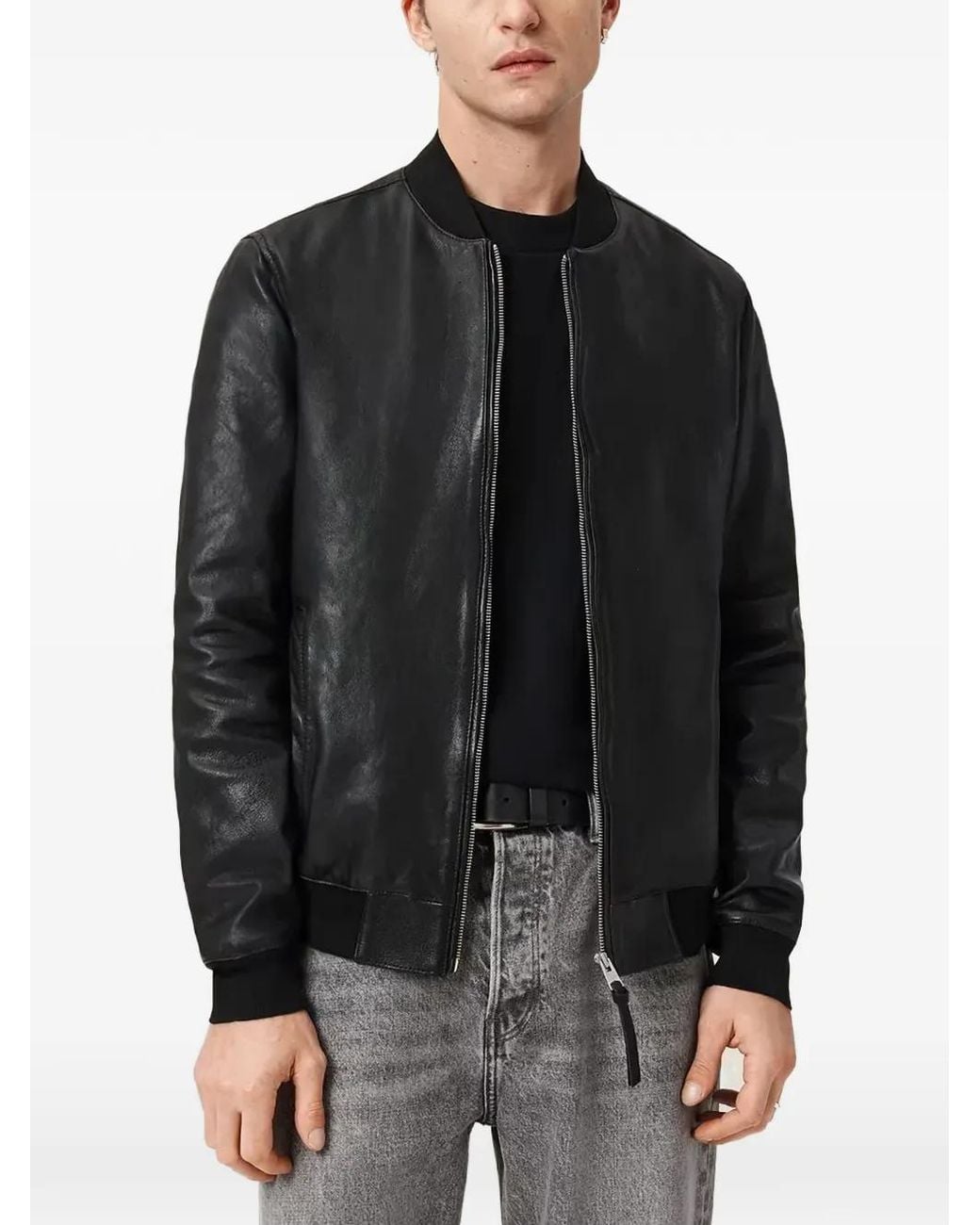 AllSaints Black Zip-Up Leather Bomber Jacket for men