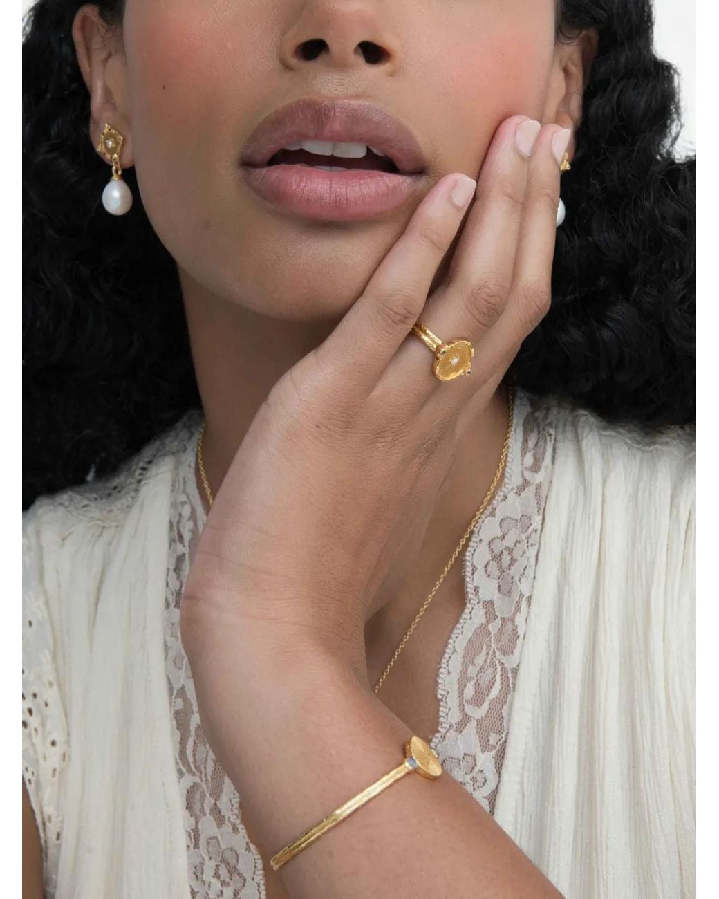 Ottoman Hands Metallic Pearl Shield Drop Earrings
