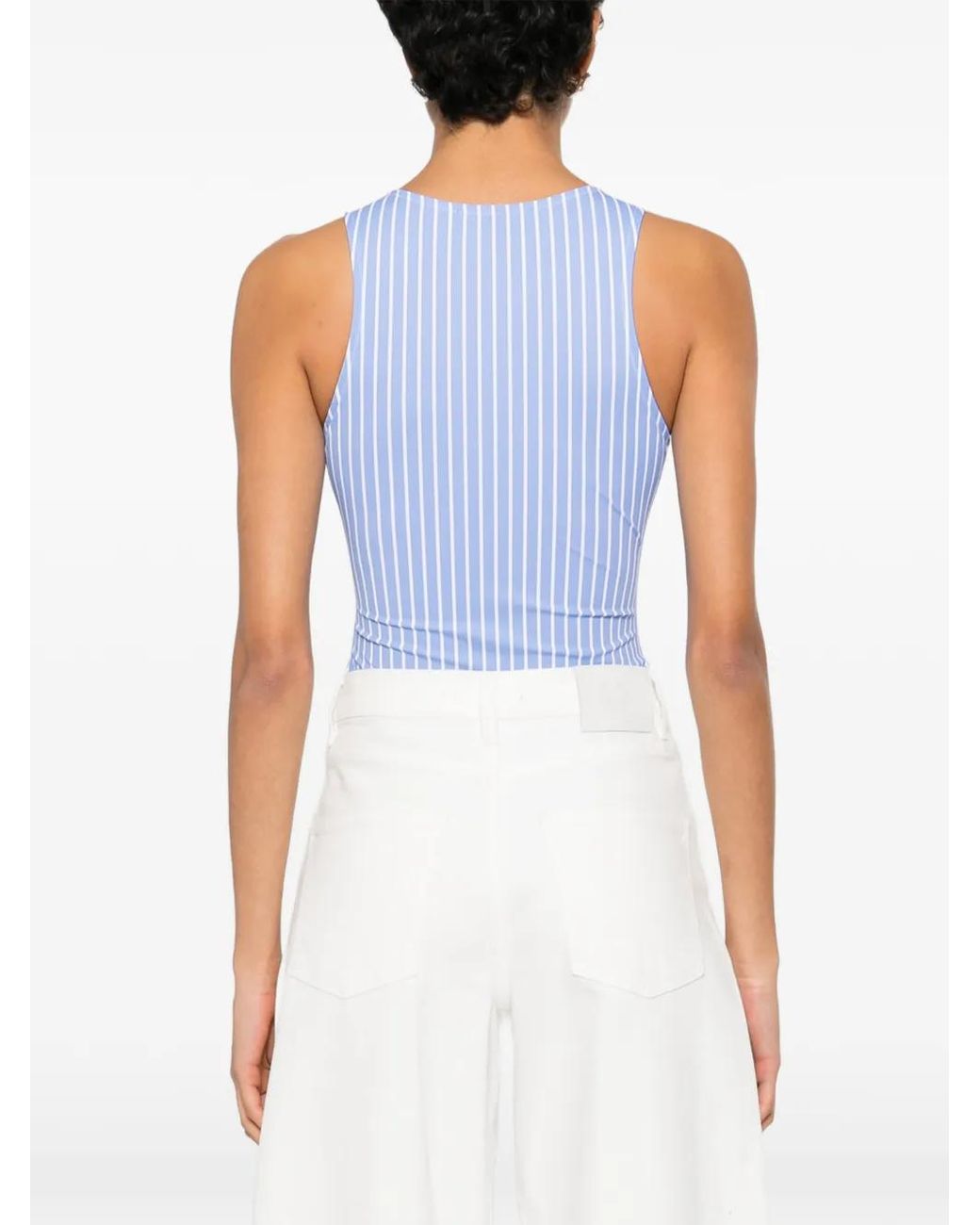 Maje Blue Striped-Pattern Logo-Embroidered Bodysuit