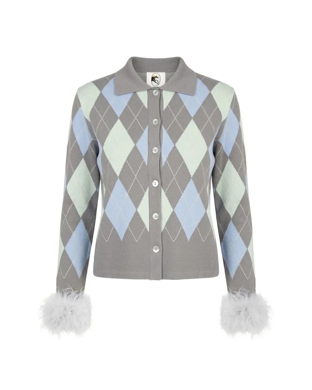 Sleeper Blue Argyle Feather-Trim Cardigan
