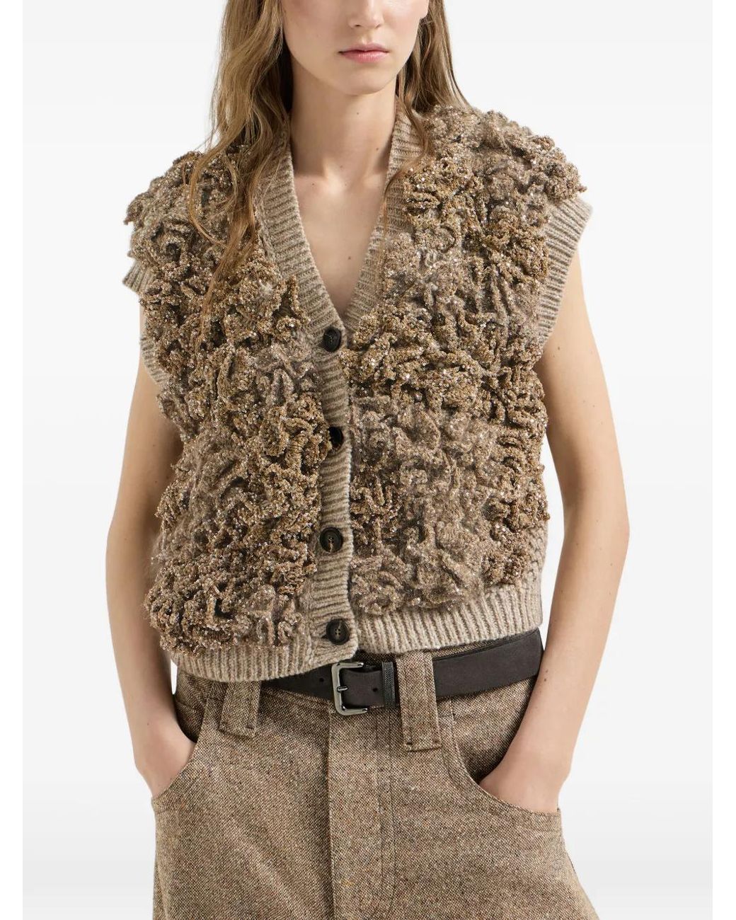 Brunello Cucinelli Natural Handmade Dazzling Blossom Opera Knit Vest