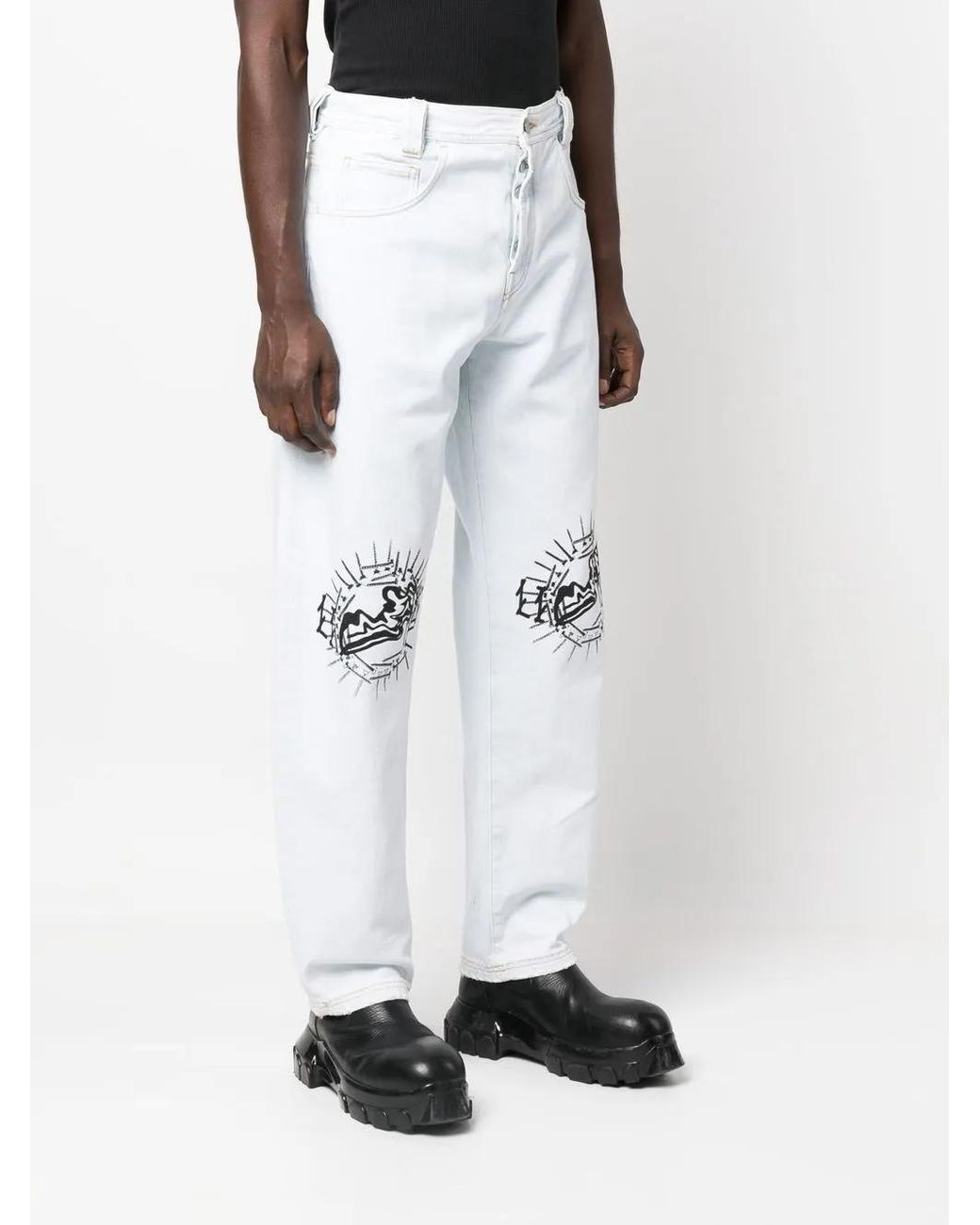 44 Label Group White Graphic-Print Straight-Leg Jeans