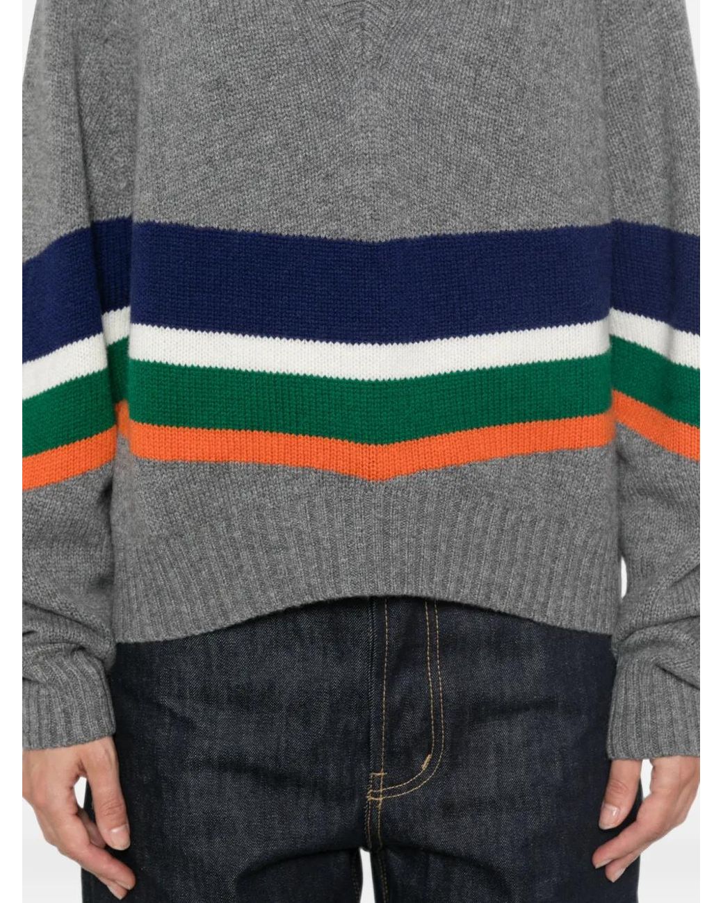 Circus Hotel Gray Striped V-Neck Sweater