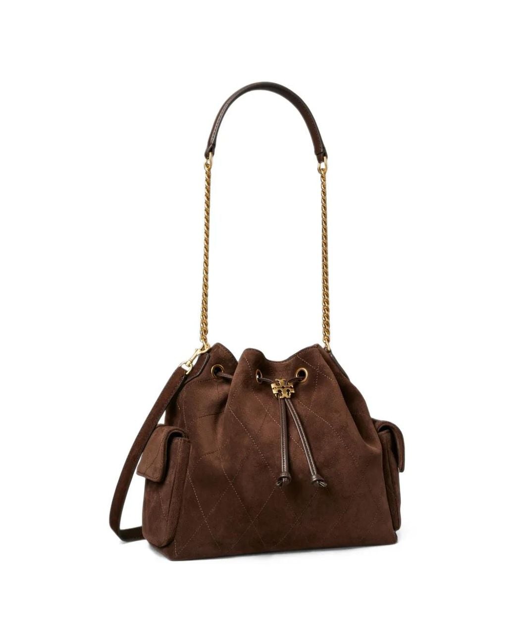 Tory Burch Brown Charlie Quilted Suede Drawstring Shoulder Bag