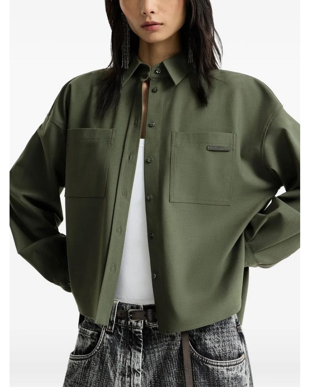 Brunello Cucinelli Green Tropical Wool Shirt With Shiny Tab