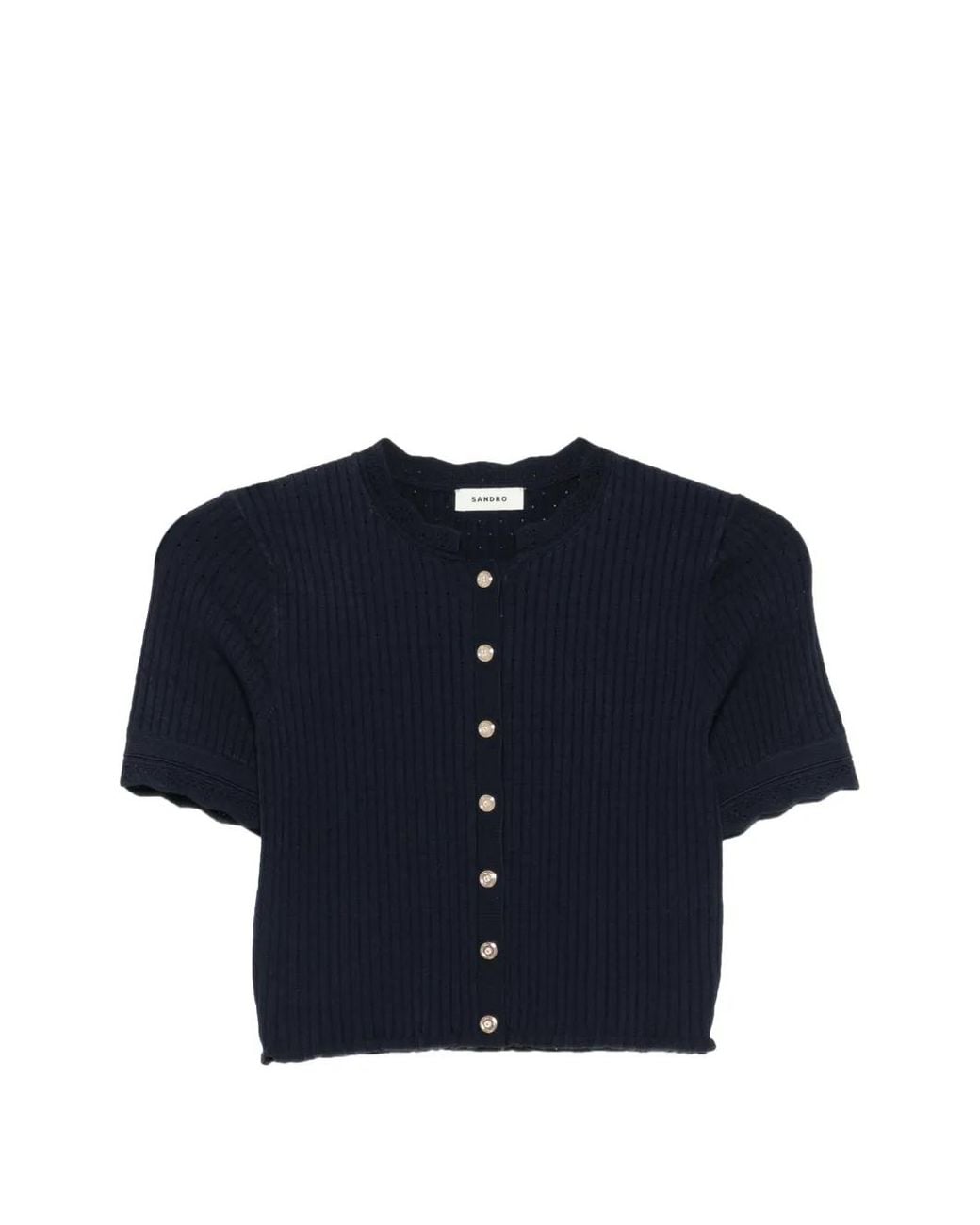 Sandro Blue Cropped Pointelle Knit Top