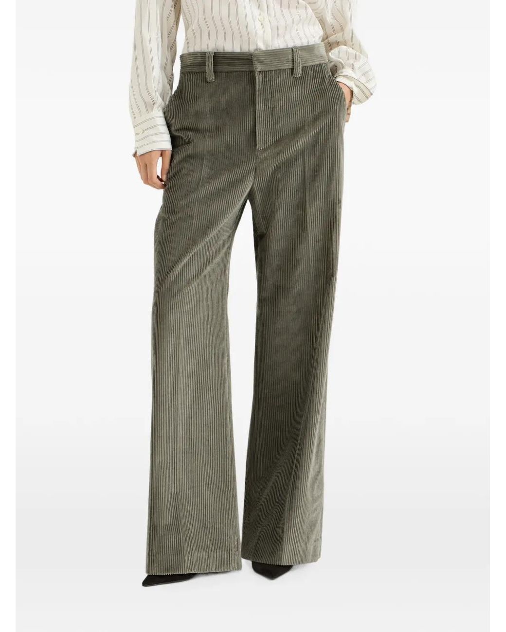 Brunello Cucinelli Green Cotton Corduroy Loose Trousers With Monili