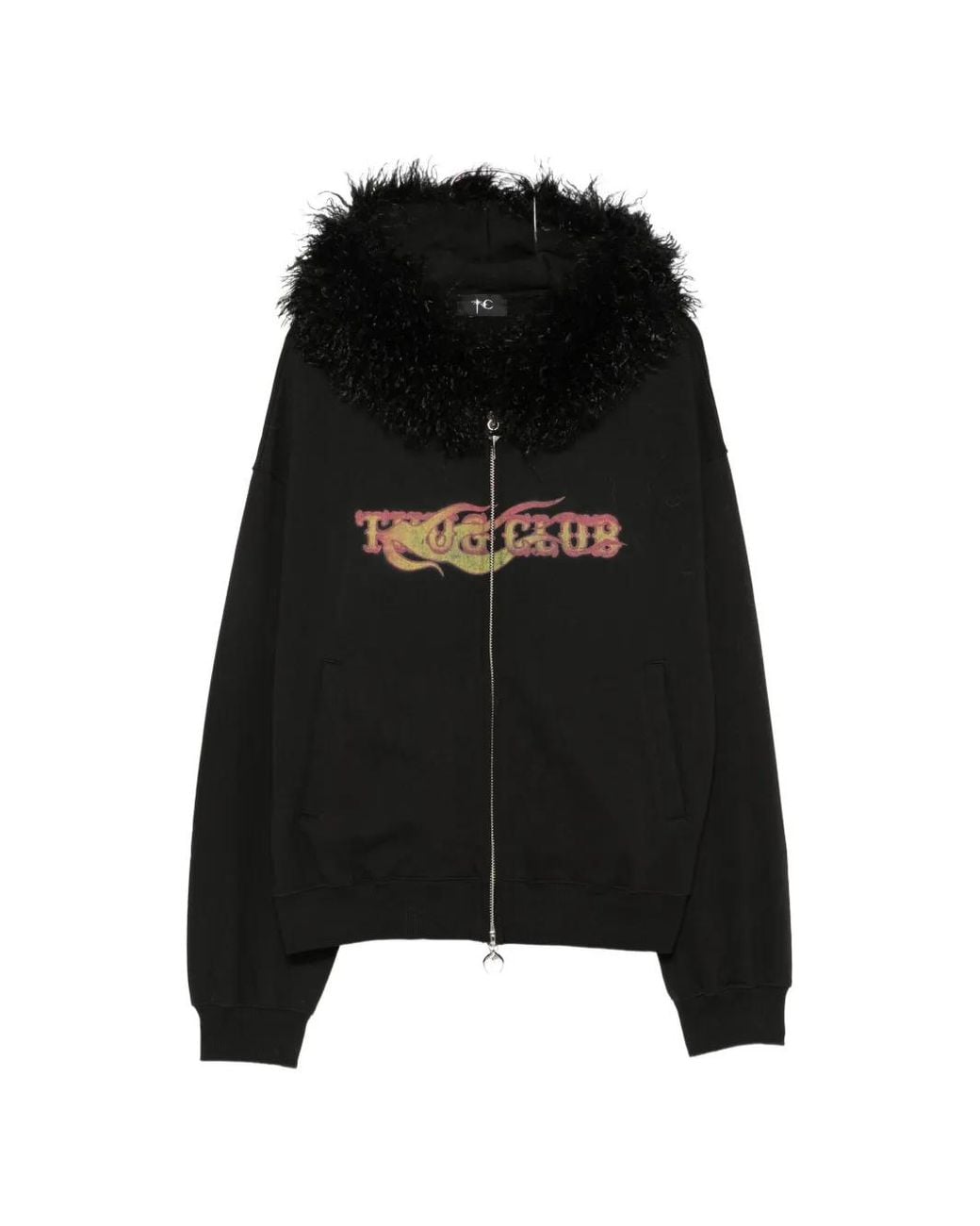 THUG CLUB Black Faux-Fur Trim Graphic-Print Hoodie for men