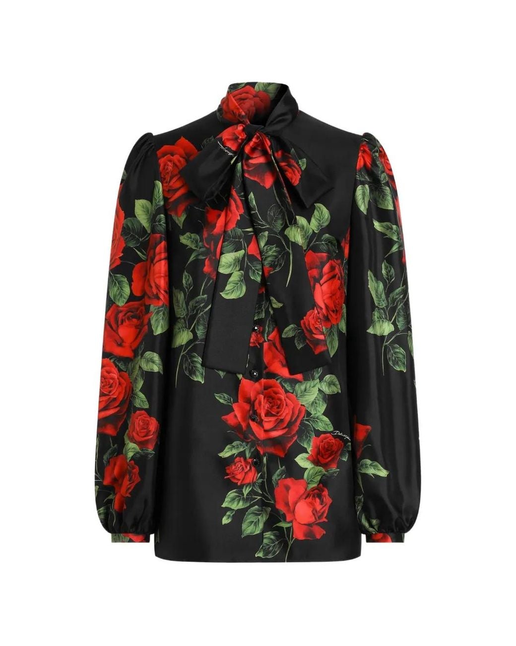 Dolce & Gabbana Red Rose-Print Silk Blouse
