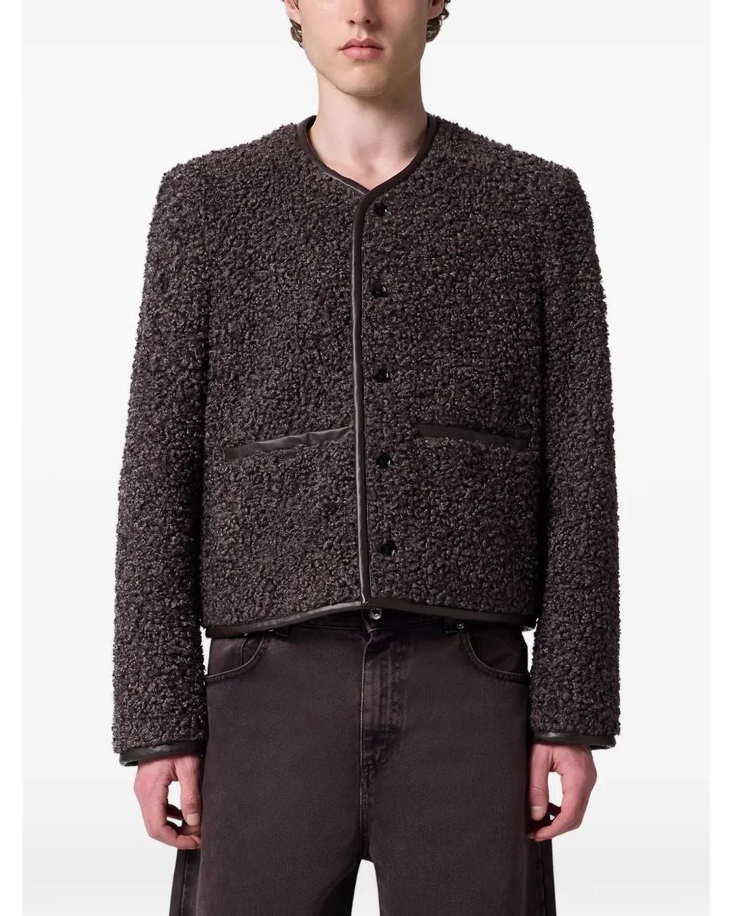 MSGM Brown Bouclé-Texture Leather-Trim Jacket for men