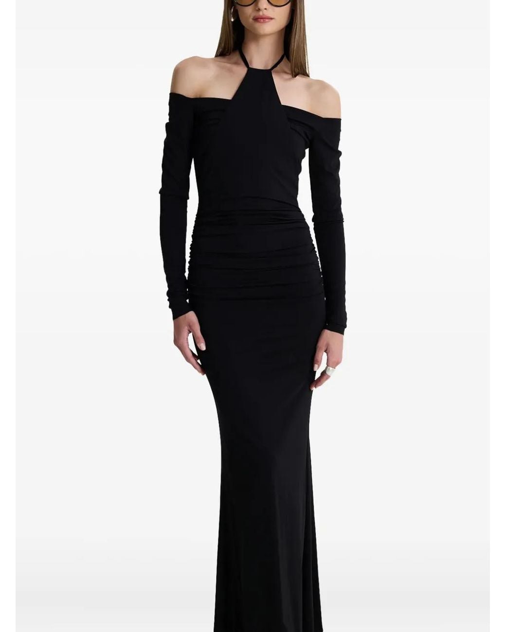 MOOS STUDIO Black Shadow Spiral Off-Shoulder Fishtail Maxi Dress