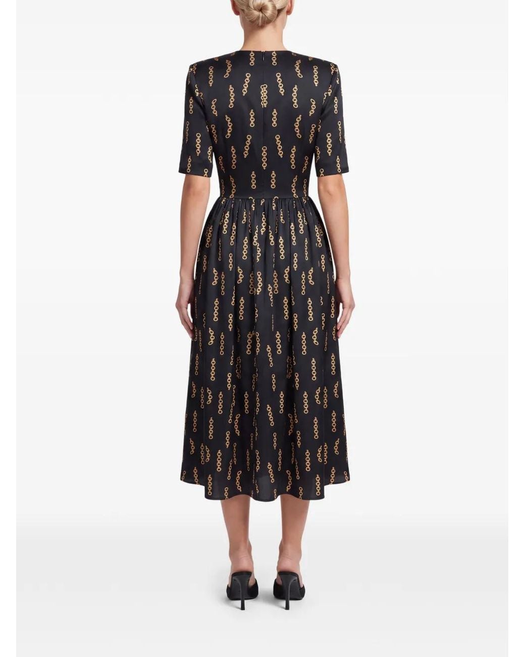 POST MERIDIEM Black Chain-Print Gathered Midi Dress