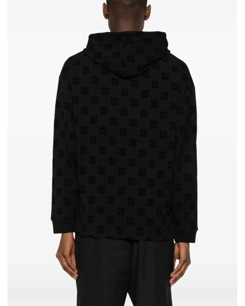 HUGO Black Logo-Jacquard Long-Sleeve Hoodie for men