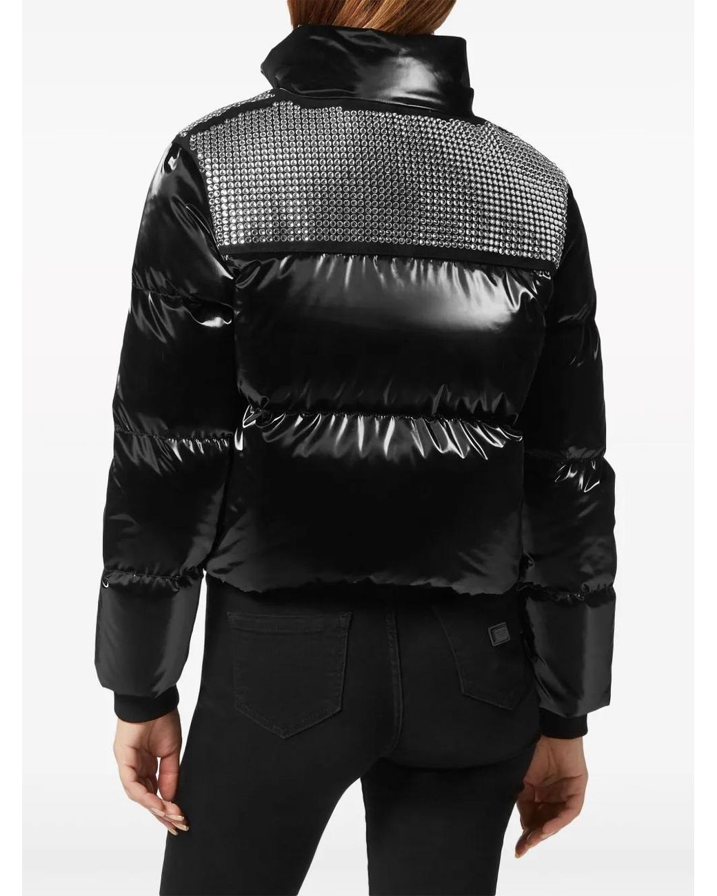 Philipp Plein Black Crystal-Embellished Cropped Puffer Jacket