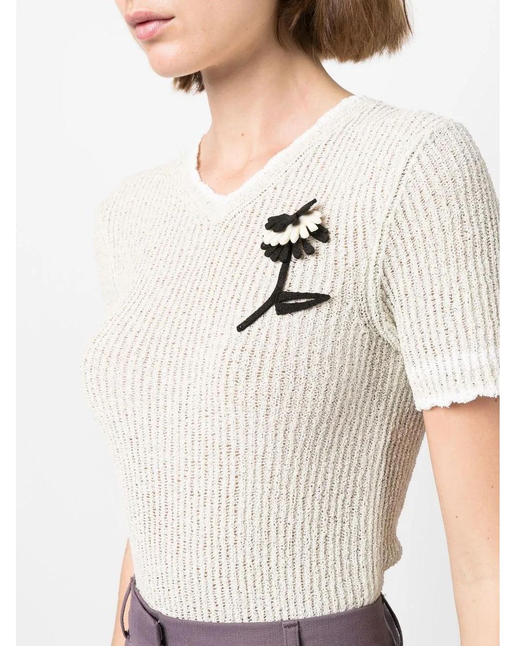 Maison Margiela Natural Floral-Appliqué Ribbed Top