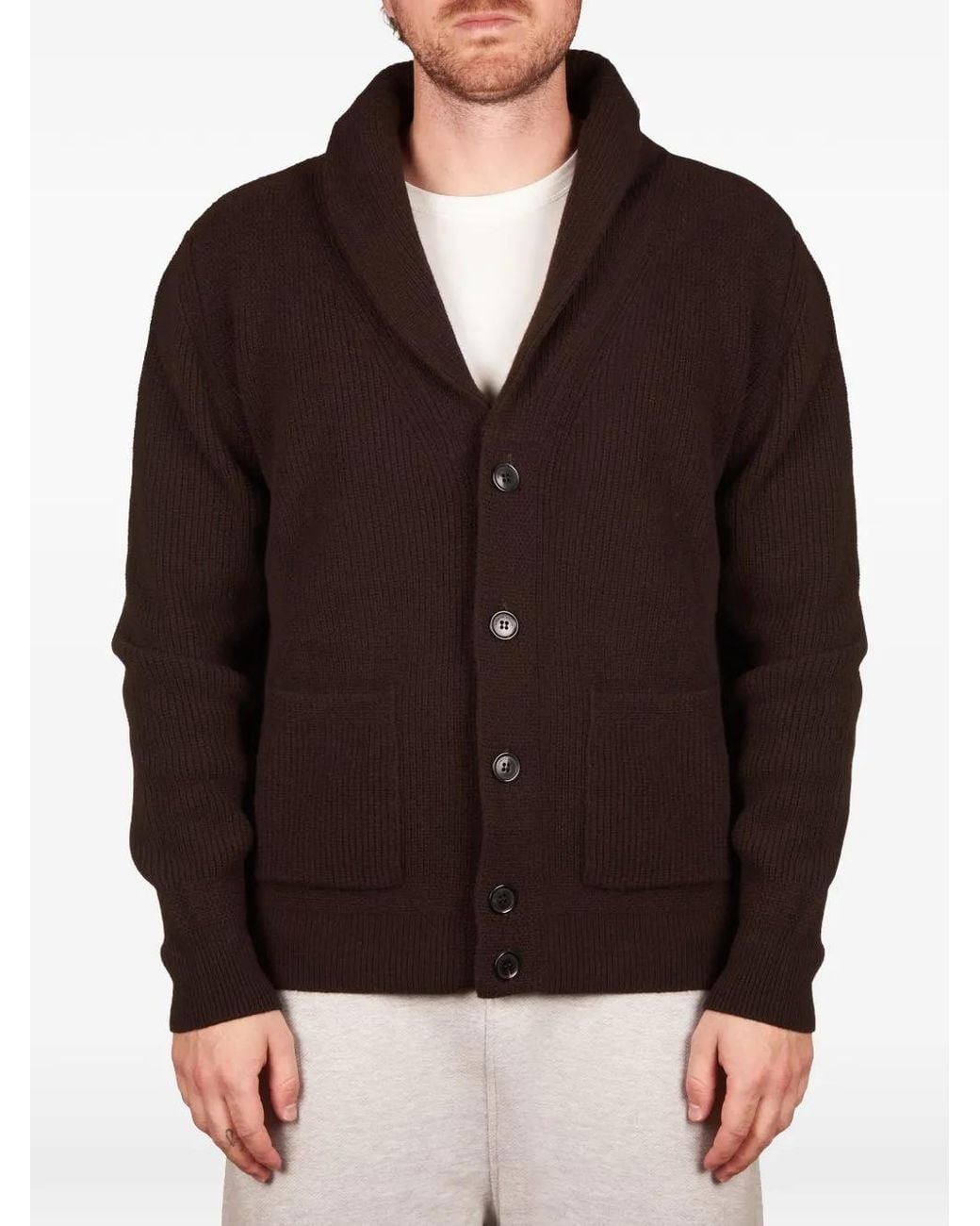 Roberto Collina Brown Shawl-Collar Ribbed-Knit Cardigan for men