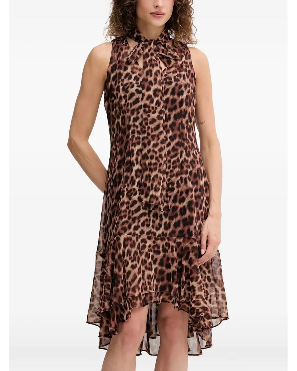 DKNY Brown Tie Neck Ruffled Mini Dress