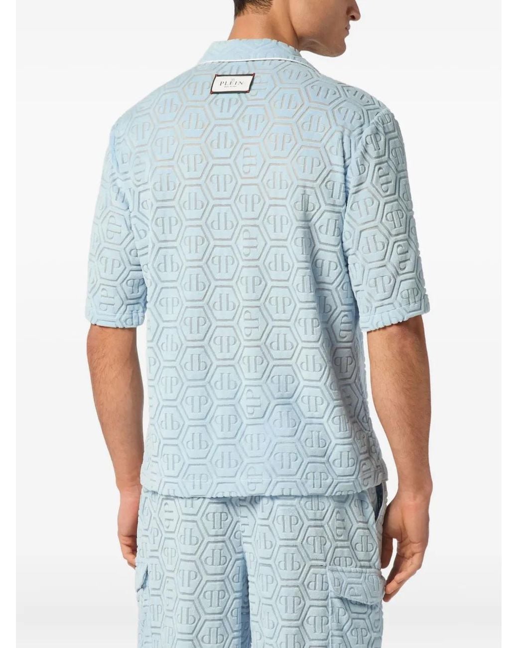 Philipp Plein Blue Jacquard-Monogram Bowling Shirt for men