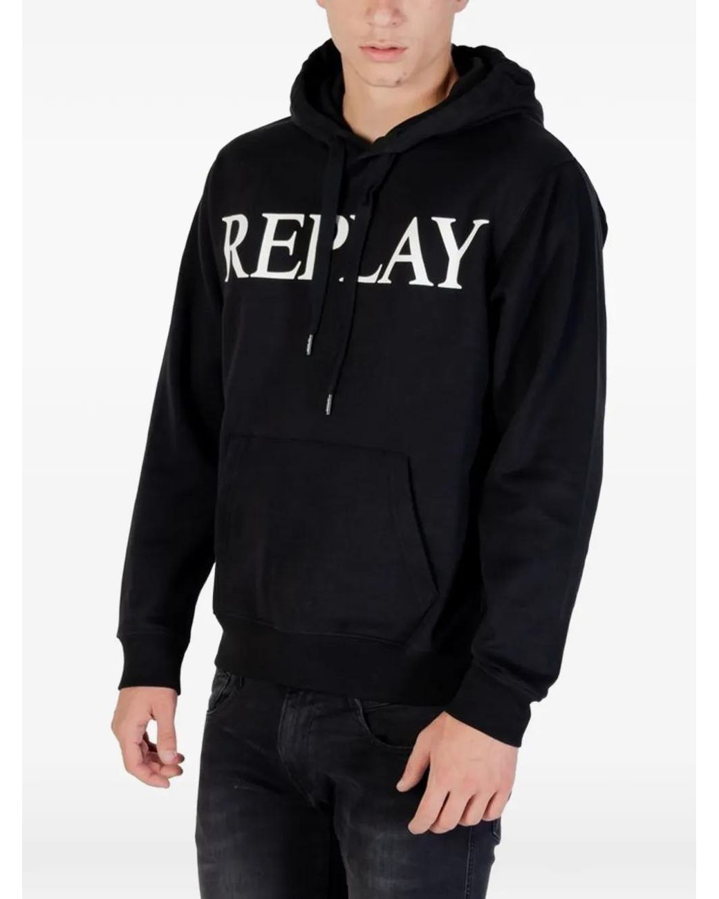 Replay Blue Logo-Print Drawstring Hoodie for men