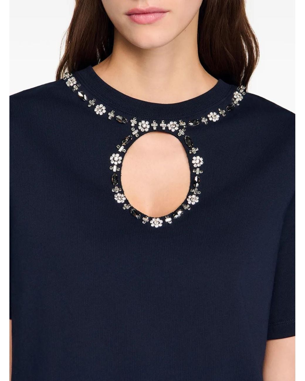 Sandro Blue Rhinestone Openwork T-Shirt