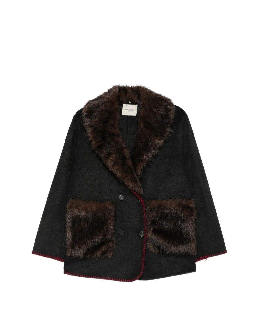 FRONT STREET 8 Black Faux-Fur Double-Breasted Coat