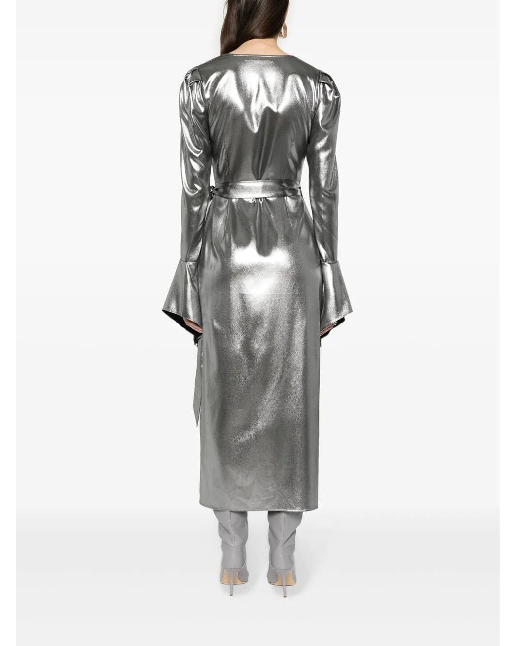 ROTATE BIRGER CHRISTENSEN Gray Lamé Wrap Midi Dress