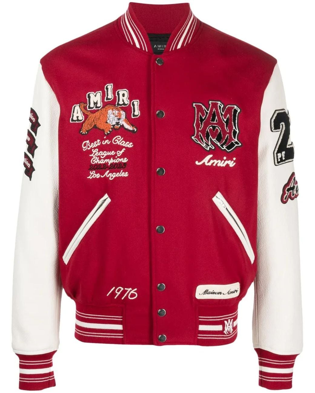 Amiri Red And White Varsity Bomber Jacket With Vintage Patches for men