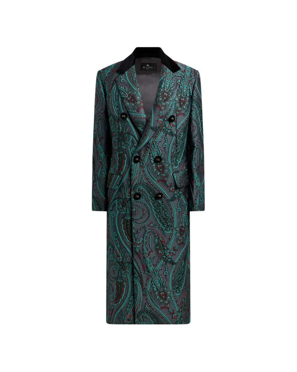 Etro Green Double-Breasted Paisley Jacquard Coat