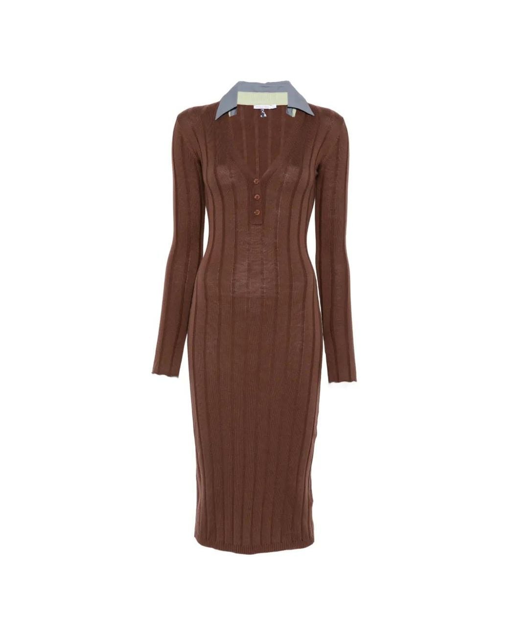 Patrizia Pepe Brown Ribbed-Knit Contrast-Collar Midi Dress