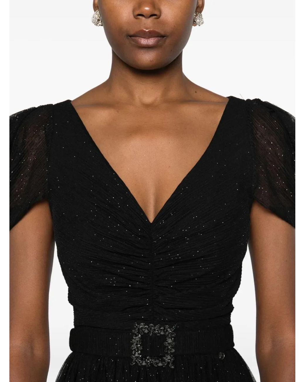 Nissa Black Pleated Glittered Tulle Maxi Dress