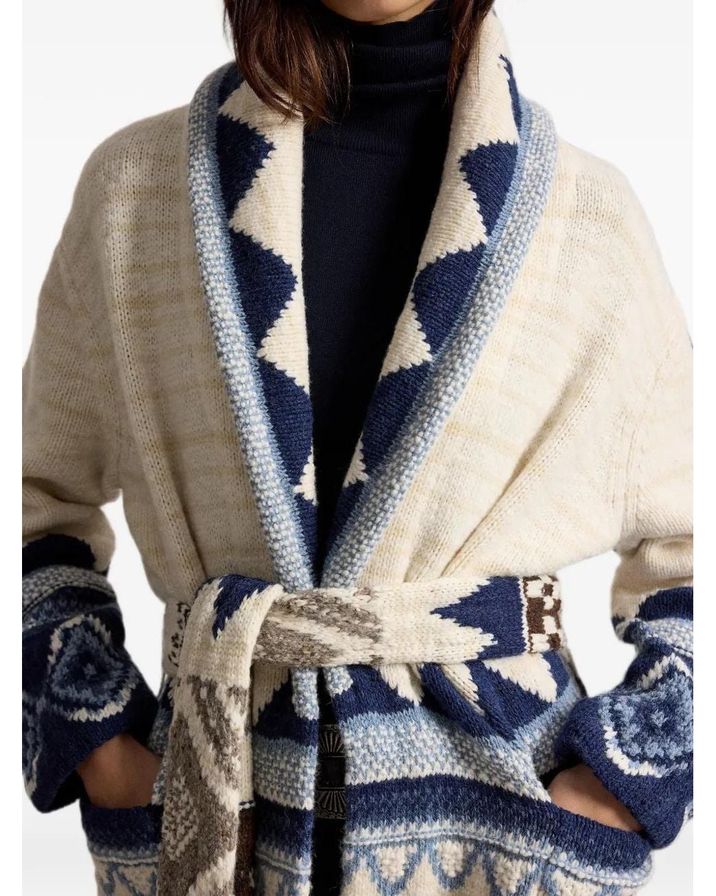 Polo Ralph Lauren White Geometric-Pattern Belted Cardigan