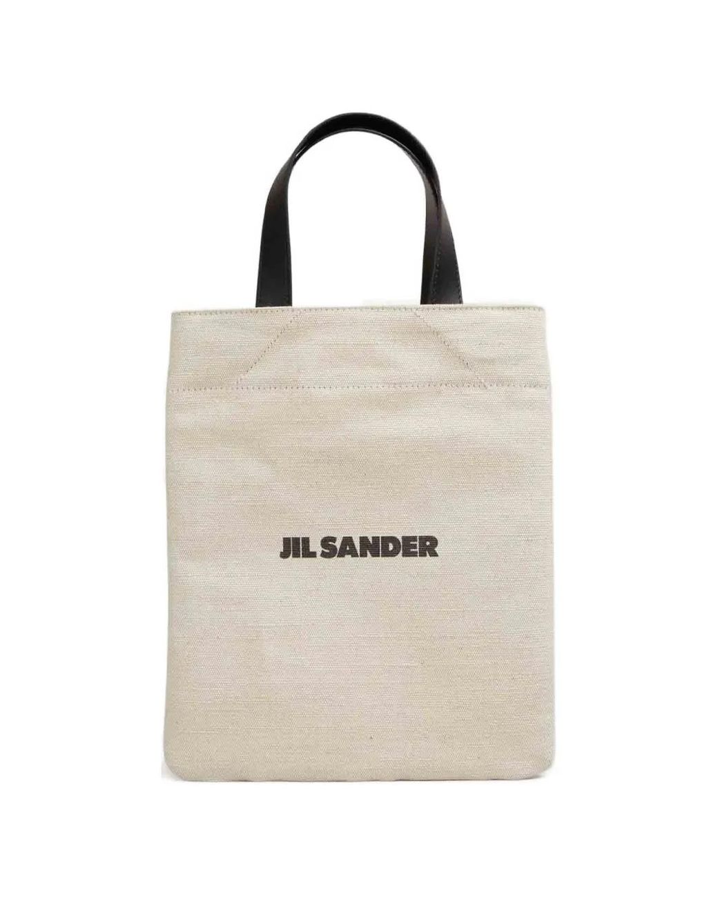 Jil Sander Natural Logo-Printed Leather-Handles Tote Bag