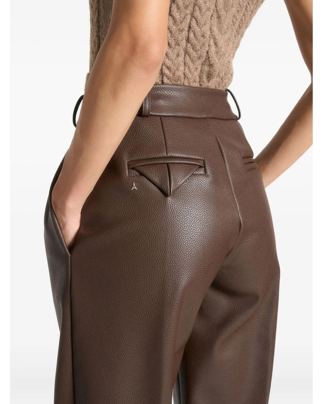 Manière De Voir Brown Pebbled Leather Pleated Stacked Trousers