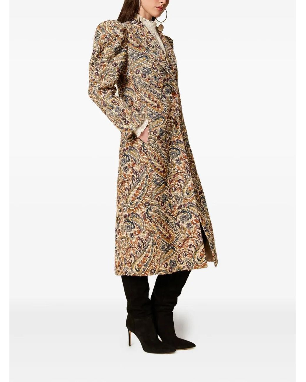 Twinset Natural Puff-Sleeve Paisley Coat