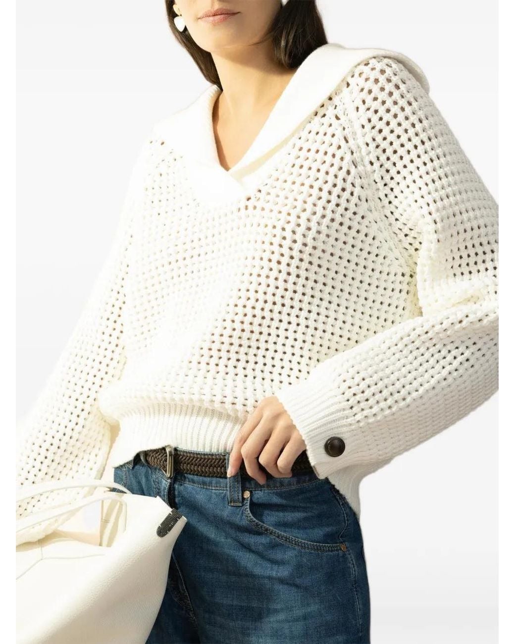 Pull En Maille Ajourée À Col Marin Brunello Cucinelli en coloris White