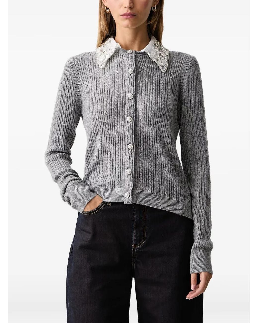 Silvian Heach Gray Cable-Knit Embellished Cardigan