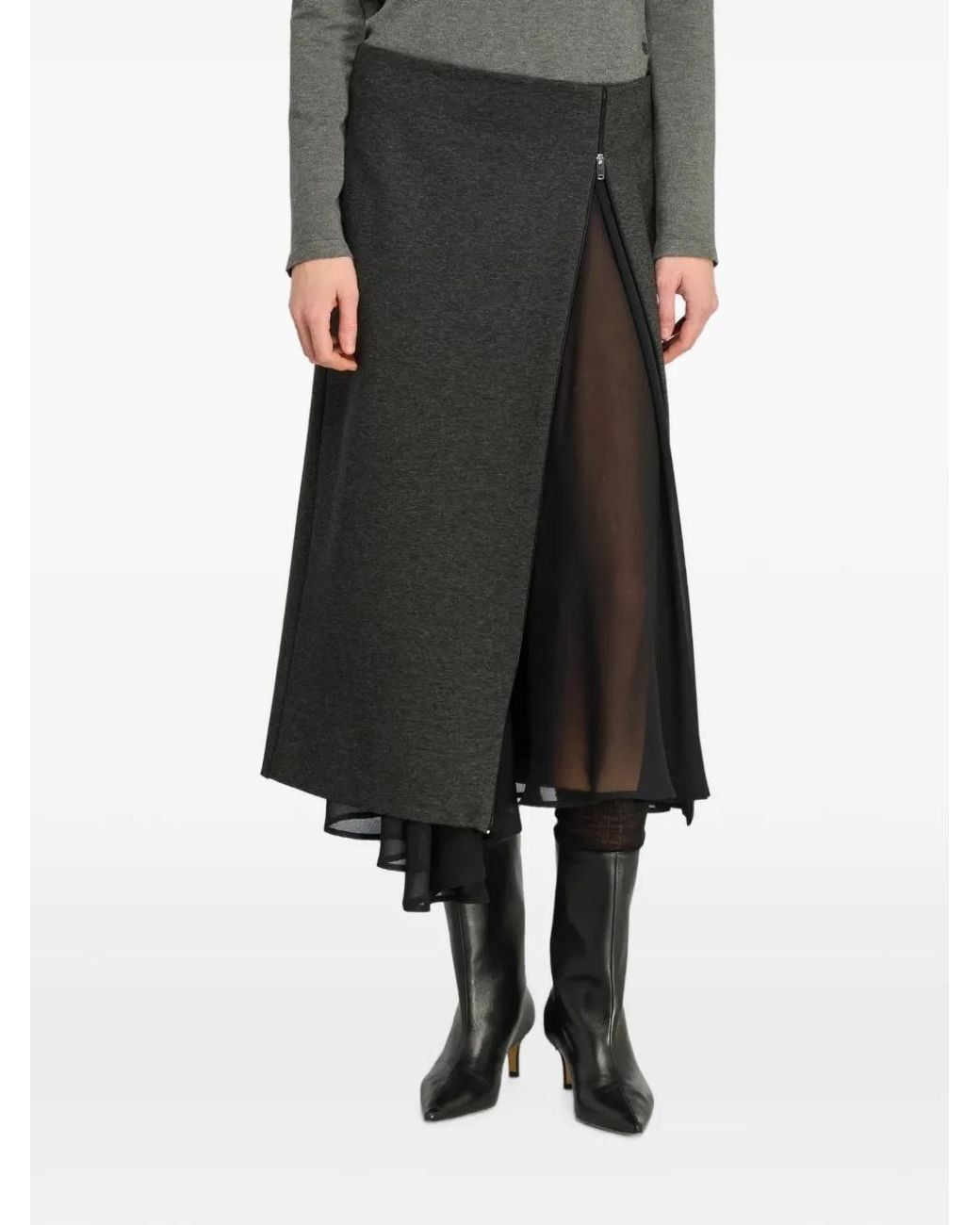 Semicouture Black Zip-Fastening Layered Midi Skirt