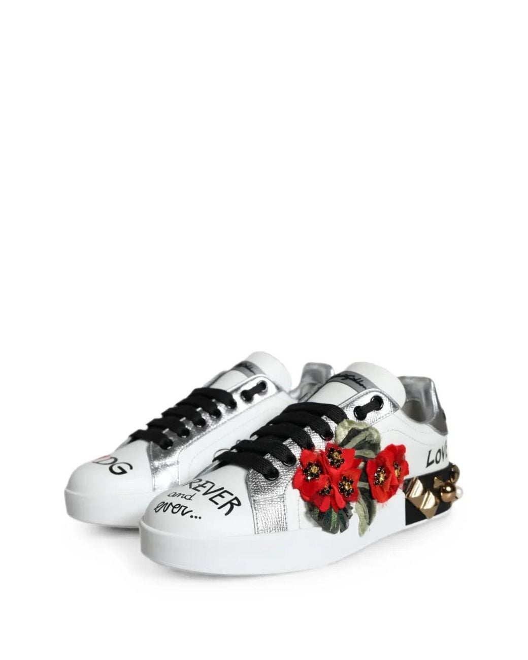 Dolce & Gabbana White Floral-Embellished Studded Leather Sneakers