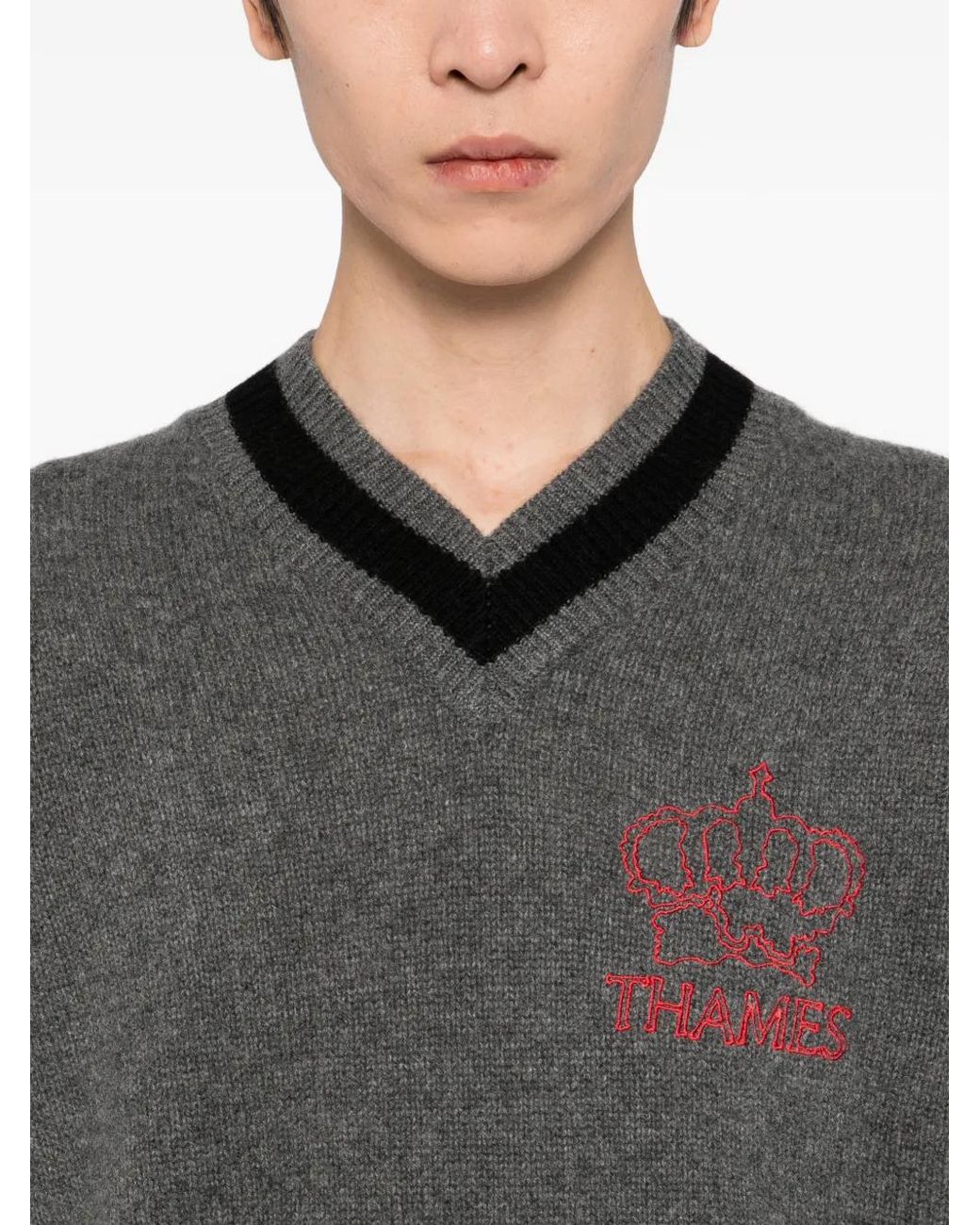 Thames MMXX Gray Cashmere V-Neck Sweater for men