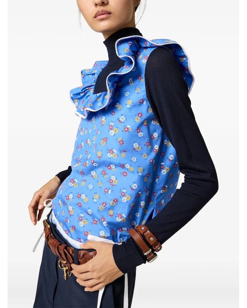 Miu Miu Blue Poplin And Wool Knit Top