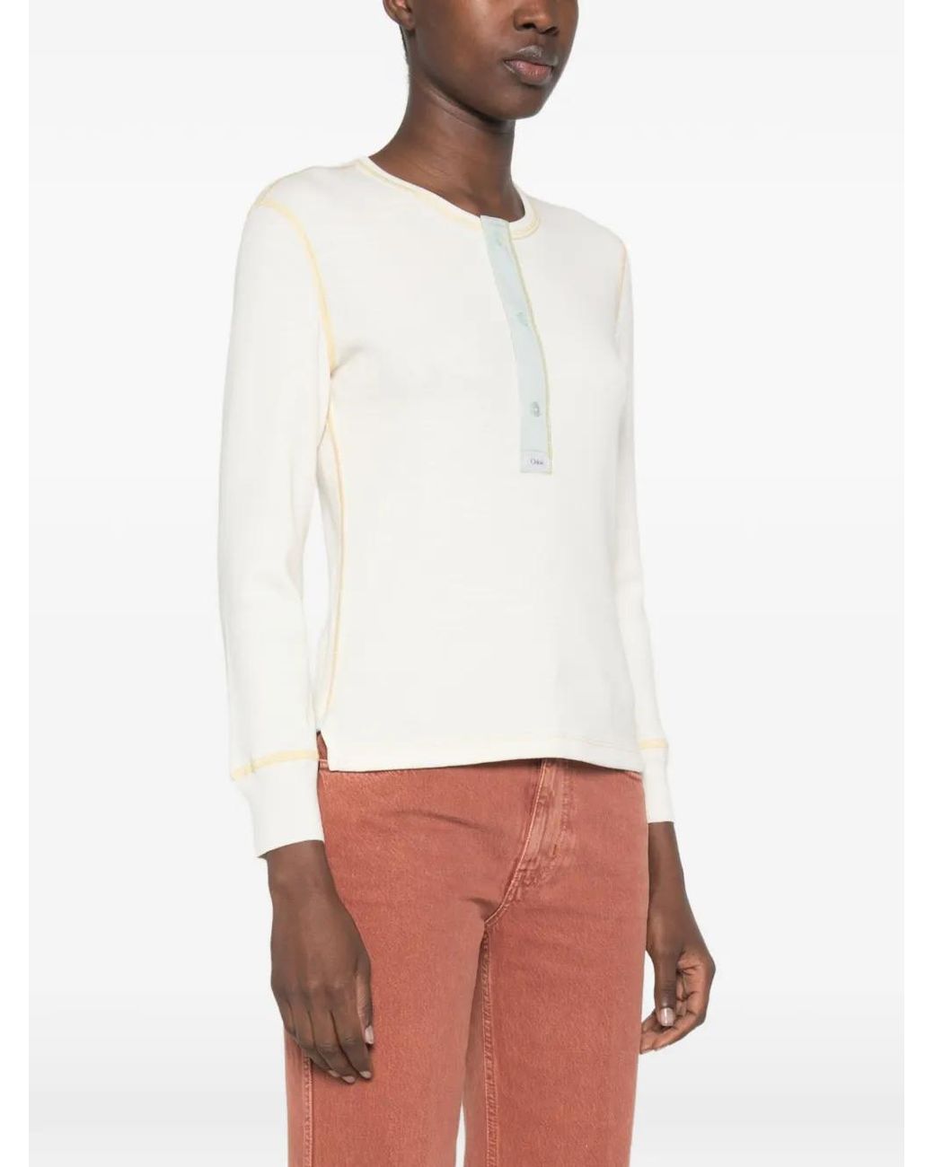 Chloé White Chemise À Col Henley Ajustée En Jersey De Coton