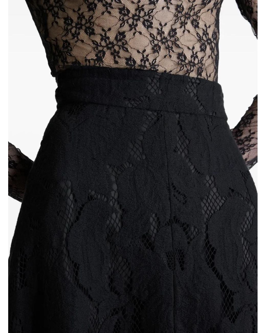 Patou Black Asymmetric Lace Midi Skirt