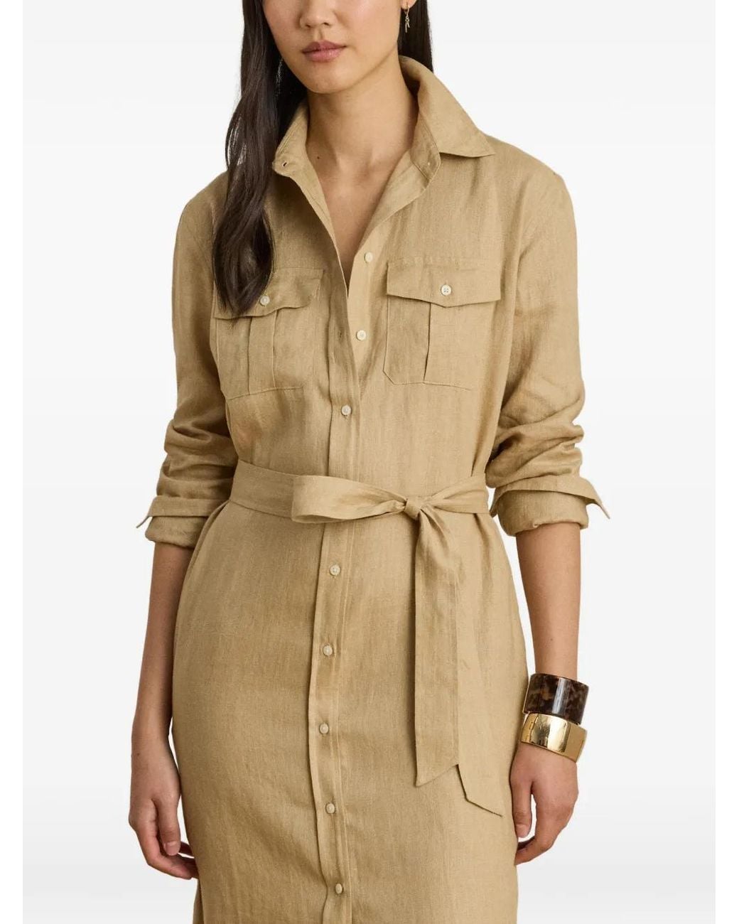 Ralph Lauren Natural Belted Patch-Pocket Midi Shirtdress