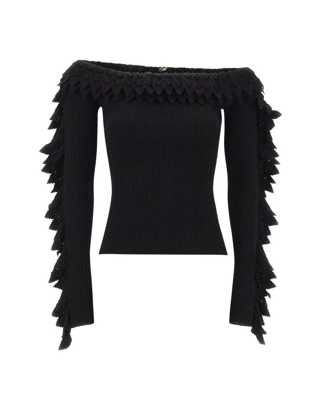 Blumarine Black Ribbed Sweater With Scalloped Ruffles