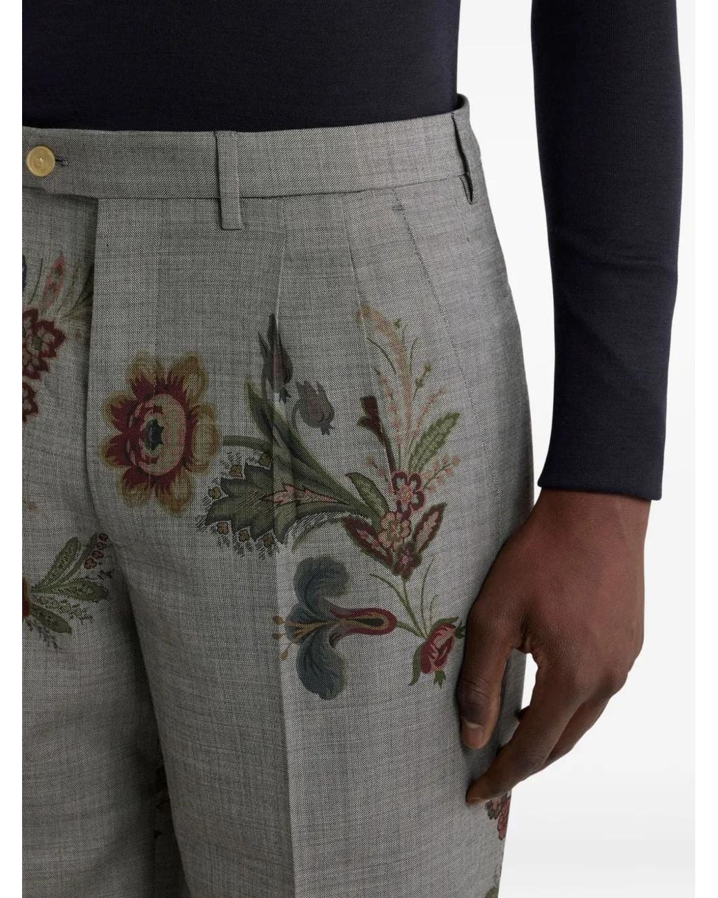 Etro Gray Floral-Printed Pleated Trousers for men