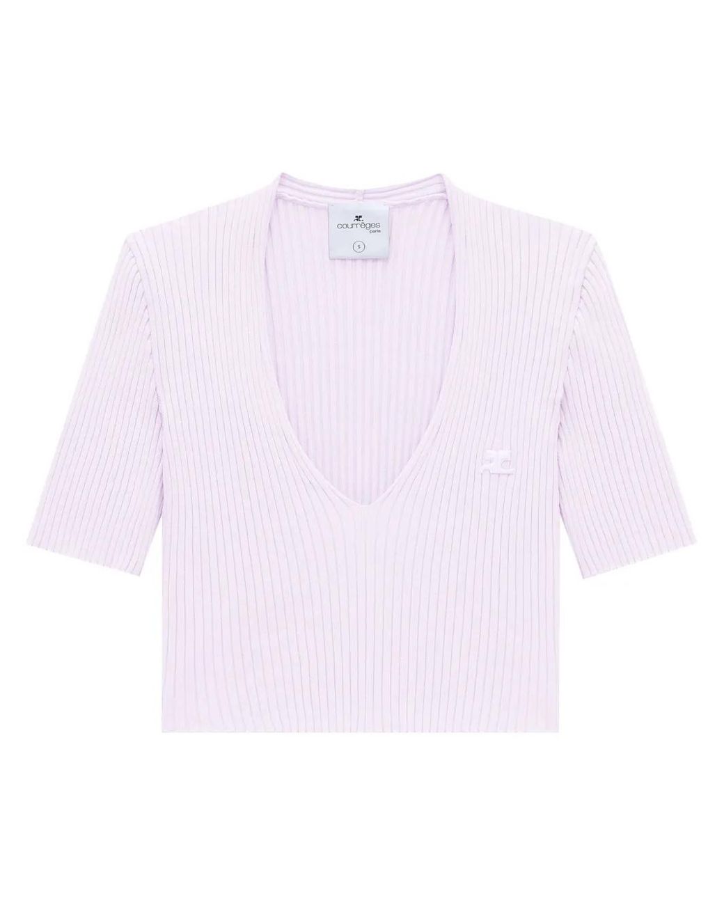 Courreges Pink Ribbed Knit V-Neck Top