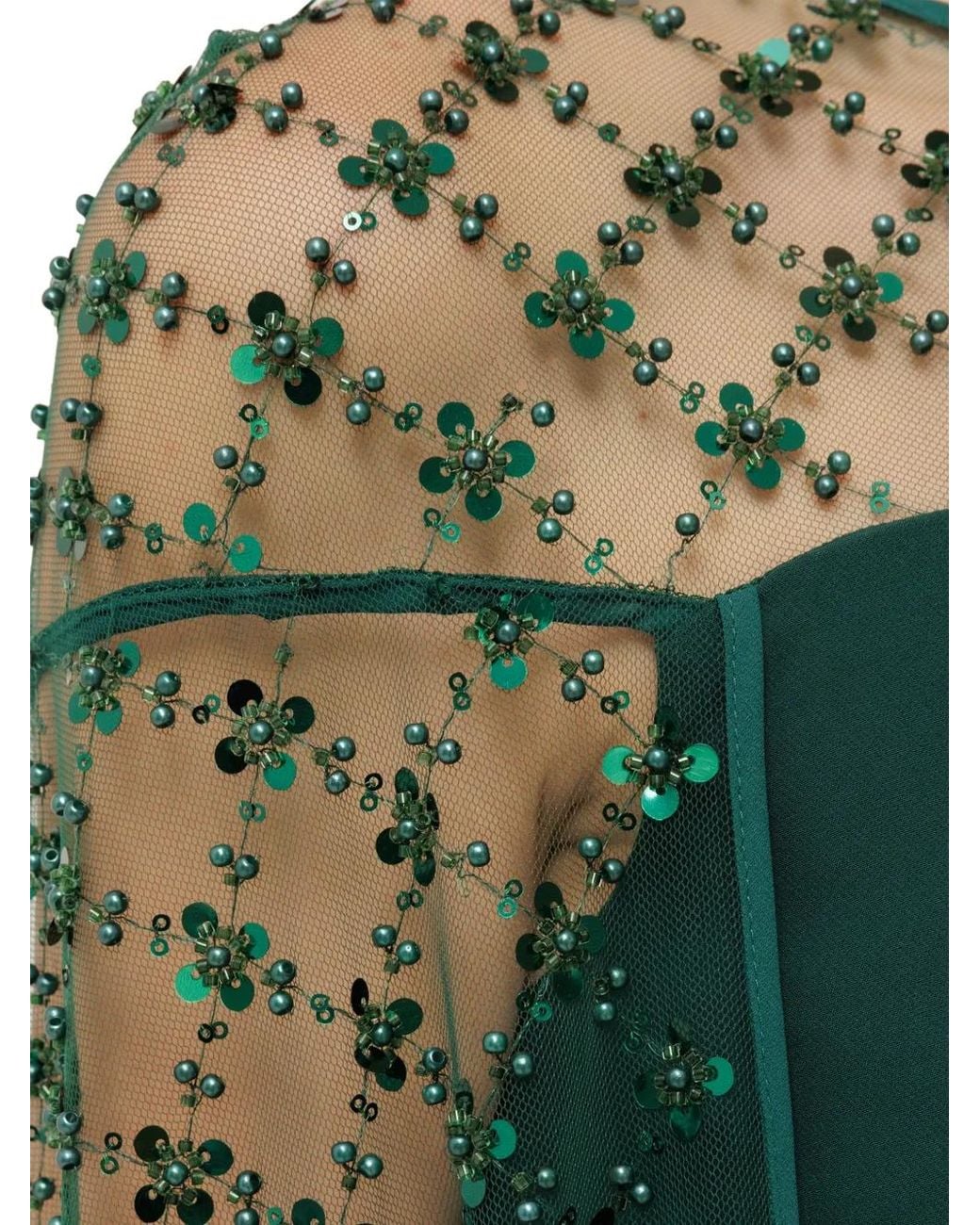 Nissa Green Sequin Tulle Cape Maxi Dress
