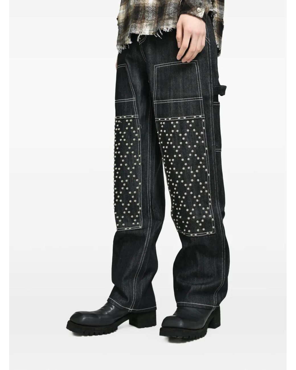 THUG CLUB Black Studded Double-Knee Jeans for men