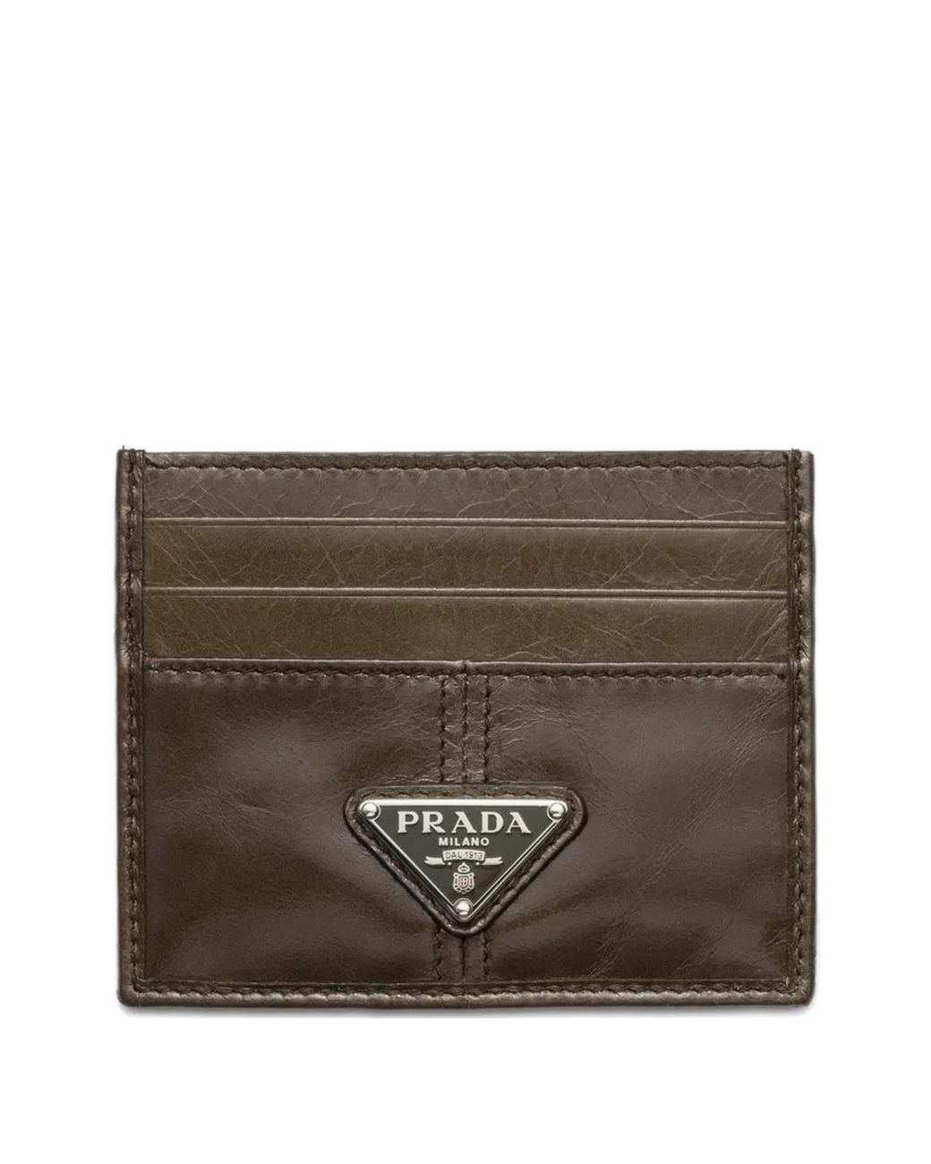 Prada Brown Triangle-Logo Leather Card Holder for men