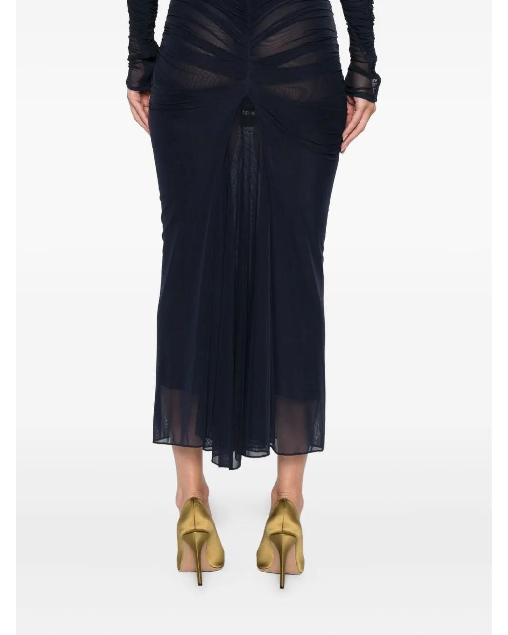 Mugler Blue Ink Ruched Mesh Midi Skirt